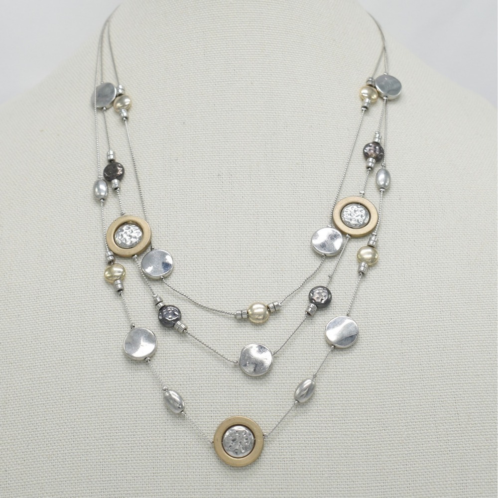 Multi Strand Layered Necklace Silver Gold Tone Hammered Disc Boho Chic Beaded